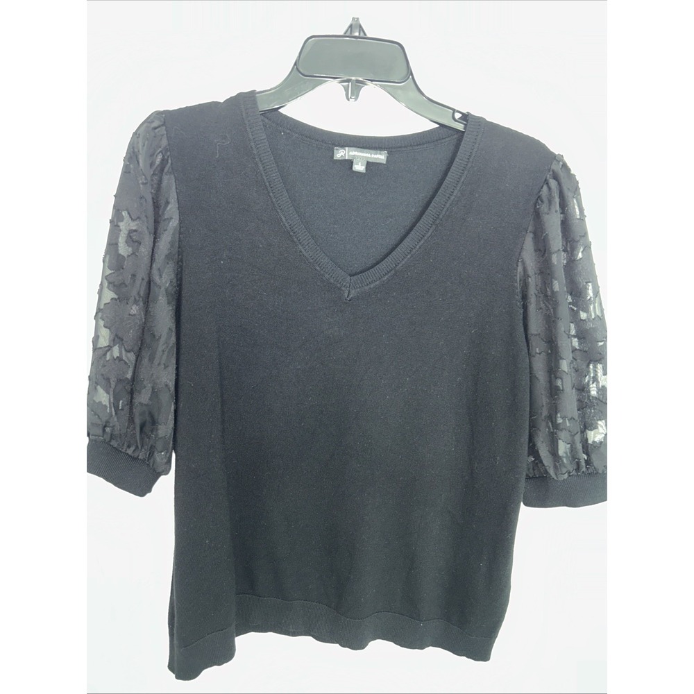 Adriana Papell Women's Large Black V-Neck Knit Sheer Short Sleeve Blouse